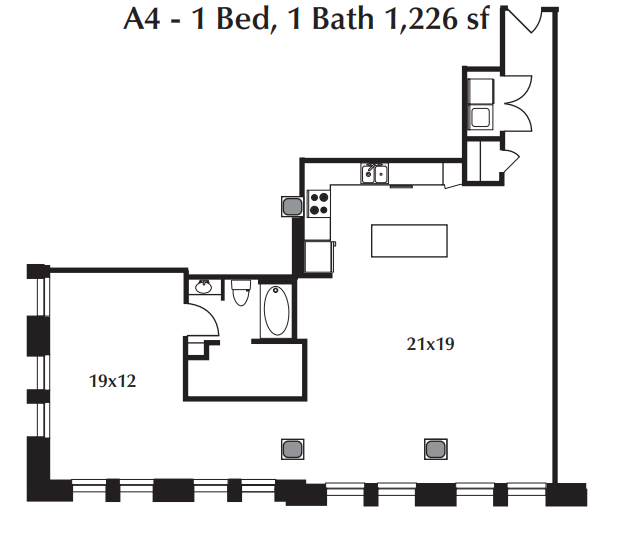 Floor plan for 1 bed, 1 bath, 1226 sqft